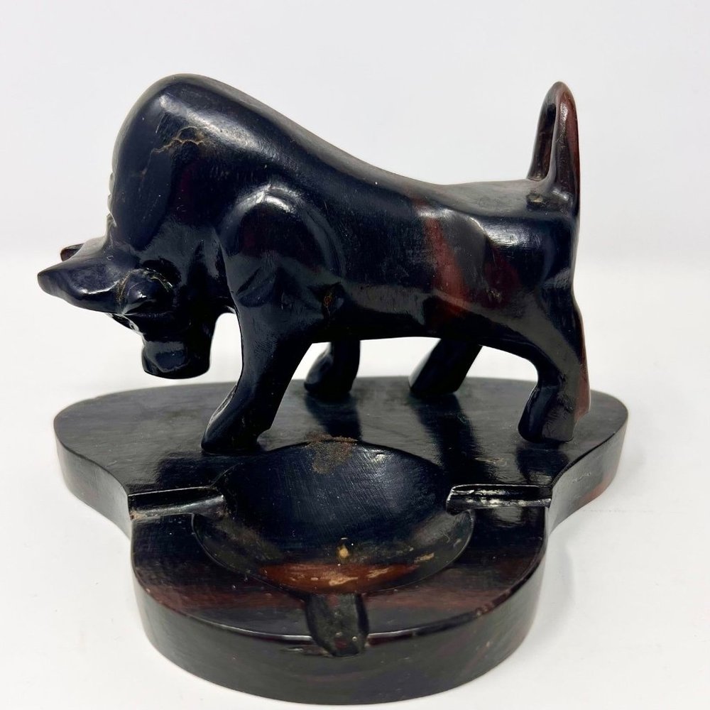 Vintage Ashtray Statue Trinket Dish Wood Hand Carved‎ Bull MCM